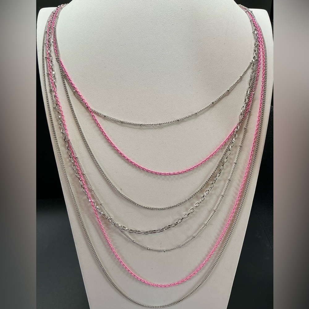 EXTRA LONG MULTI LAYERED SILVER TONE PINK CHAIN NECKLACE